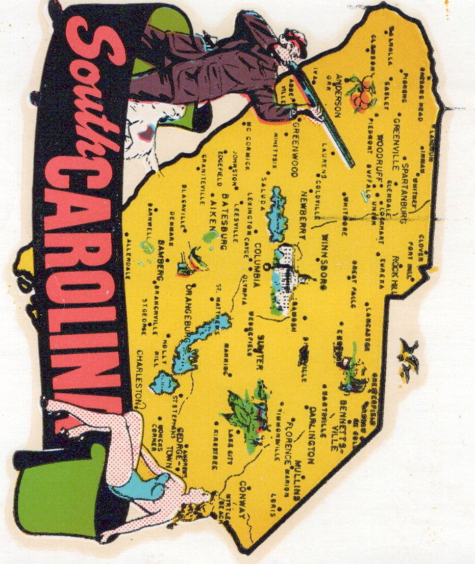 (image for) South Carolina (3) State Map with Hunter Island Vintage Vacation Sticker